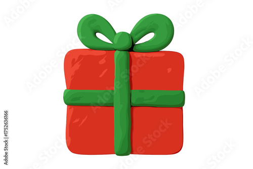 Christmas gift box in naive childish plasticine style. Festive red present with green ribbon bow. Handmade clay toy vector illustration for holiday celebration design element.