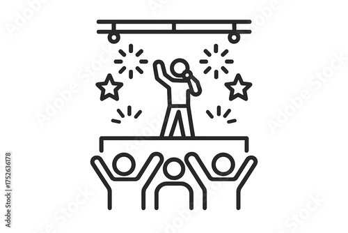 Live music concert vector icon. Singer on stage with cheering fans. For music festival, show, entertainment, artist performance, nightlife, party, celebrity superstar event.