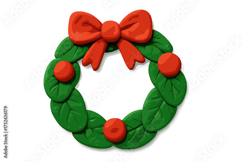 Christmas wreath clay element in naive childish style. Isolated plasticine toy. Vector cartoon illustration for holiday decoration. Handmade winter celebration graphic concept.