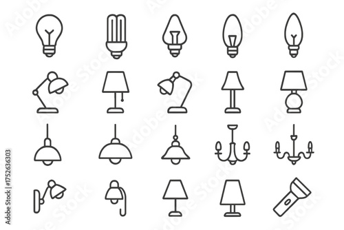 Light bulbs, lamps, and chandeliers vector line icon set. Editable stroke pictogram collection with desk lamp, ceiling light, flashlight. For interior design and web.
