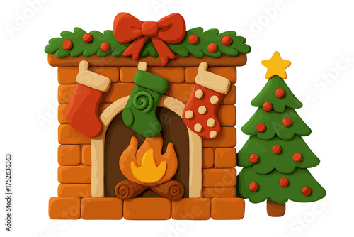 Christmas fireplace with tree. 3D cute plasticine festive holiday scene. Clay art cartoon illustration of a cozy home chimney with stockings, fire, and Xmas decorations.