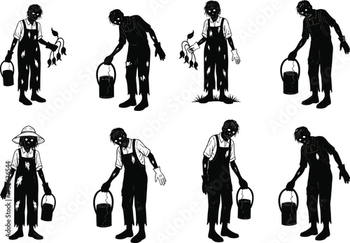 Zombie farmer character vector, eerie undead illustration, horror agriculture concept, creepy bucket pose, wilted plant design, surreal decay artwork
