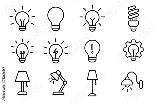 Lightbulb and lamp line icon set. Concepts of idea, creativity, innovation, and energy. Includes editable stroke vector illustrations for electricity, solution, and lighting.
