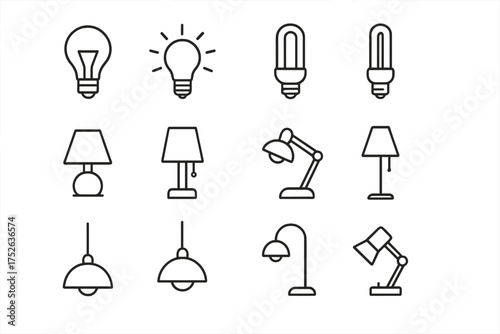 Light bulb and lamp line icon collection. Vector graphic symbols for idea, energy, electricity, and illumination. Editable stroke set for web, apps, and interior design.