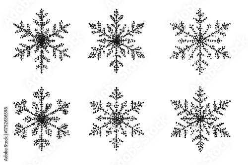 Dotted halftone snowflake set. Ornate polka dot winter elements. Vector illustration collection. Snowy weather icon. Christmas frost symbol. Vintage ice crystal design element.