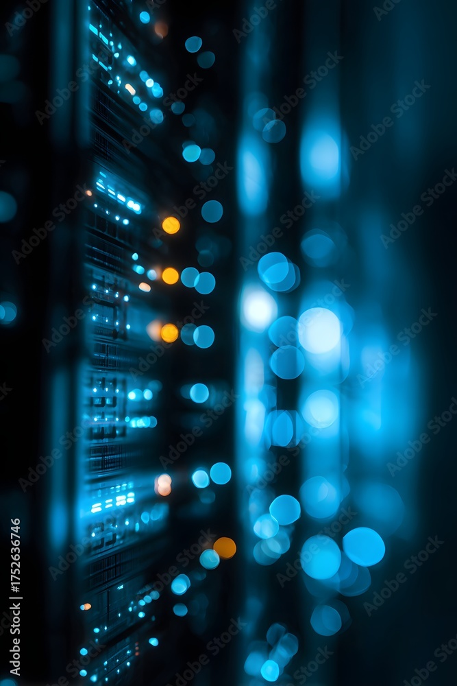 Fototapeta premium Abstract digital data stream with glowing blue and orange lights representing information flow and technological advancement in a modern network environment