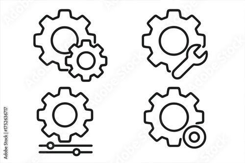 Mechanism and Settings Outline Icons for Design, Apps, Cards, Social Networks. Vector Gear and Tools Symbols with Transparent Background, Configurations, Controls, Adjustments Set