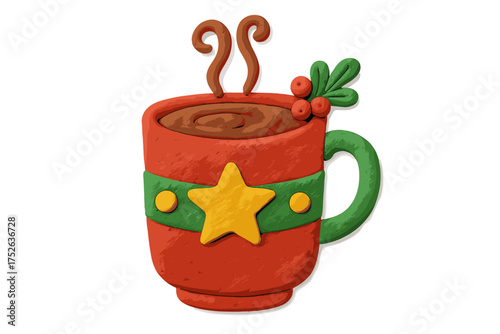Christmas mug with hot chocolate in a clay style. Festive holiday drink icon. Cute plasticine illustration for winter celebration. Isolated 3D render cartoon element.