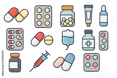 Medical and Treatment Icon Bundle with Pills, Capsules, Syringe, IV Bag, Tablets, Cream Tube, and Medicine Bottles for Cards, Apps, Websites, Health and Pharmacy Design, Vector Cartoon Illustration