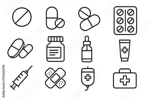 Medical and Treatment Icon Set with Pills, Capsules, Syringe, Medicine Bottles, Bandages, IV Bag, and First Aid Kit. Vector Medicine Symbols for Healthcare, Pharmacy, and Medical Apps