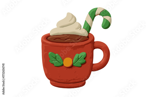 Christmas hot chocolate cup with whipped cream and candy cane. Winter holiday beverage. Cute clay plasticine 3D rendering style for kids. Isolated vector dessert drink.