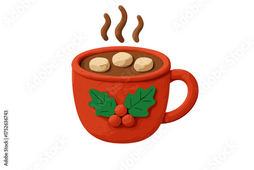 Red Christmas mug of hot chocolate with marshmallows. Festive winter drink in 3D clay plasticine style. Cute handmade cartoon vector illustration. Isolated cozy holiday beverage.