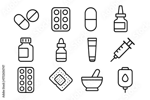 Medical and Treatment Icon Collection with Pills, Capsules, Syringe, Medicine Bottles, Tube, Patch, Mortar and Pestle, IV Bag. Vector Cartoon Design for Health Apps, Posts, Website Graphics