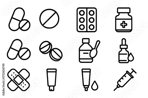 Medical and Treatment Icon Set. Cartoon Vector Illustrations of Pills, Tablets, Medicine Bottles, Syringe, Ointment Tubes, and Bandages for Cards, Apps, Posts, and Websites Design