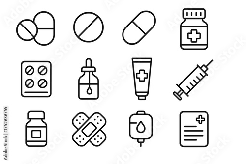 Medical and Treatment Icon Set. Vector line art icons of pills, medicine bottles, syringes, bandages, and healthcare supplies for medical design, apps, websites, and posters.