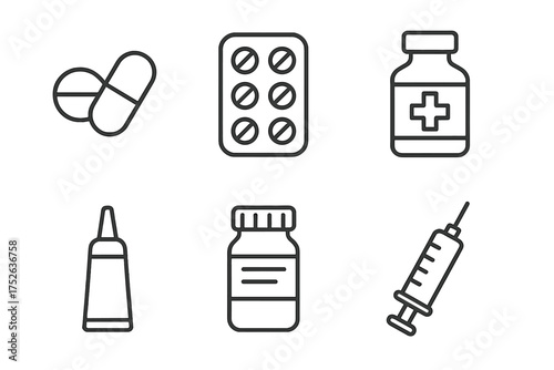 Medical and treatment icons set with pills, capsules, tablets, blister pack, medicine bottles, ointment tube, and syringe line art for healthcare and pharmacy designs