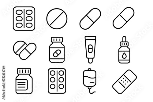 Meds and Treatment Icon Collection with Pills, Capsules, Medicine Bottles, Drops, Cream Tube, IV Bag, and Bandage Vector Cartoon Line Art for Medical and Health Design
