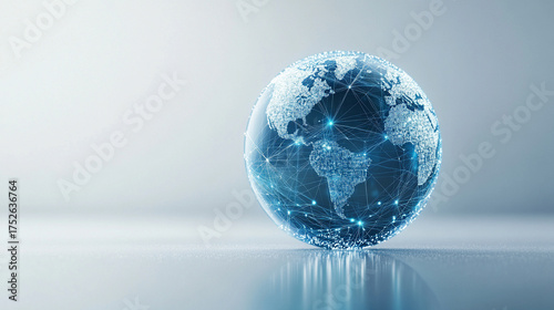Hyperrealistic abstract data globe floating in clean white space, symbolizing global connectivity, digital networks, and futuristic technology in a minimalist style.
