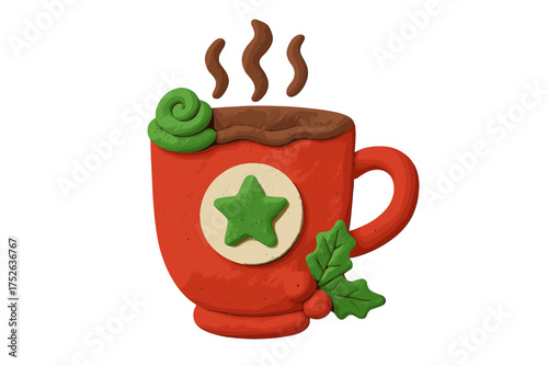 Christmas hot chocolate mug in a cute 3D plasticine style. Festive holiday vector illustration of a red cup with steam, star, and holly. Isolated cartoon claymation element for winter design.
