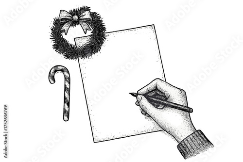Hand writing a letter to Santa Claus. Christmas wish list concept. Minimalist dotwork stippling illustration with wreath and candy cane. Vintage holiday greeting card vector.
