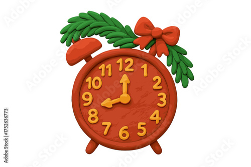 Christmas alarm clock in plasticine style. New Year countdown to midnight concept. Festive holiday decoration with red bow and fir branch. Naive childish 3d vector cartoon.