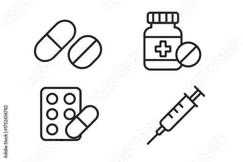 Medical and Treatment Line Icon Set with Pills, Capsules, Syringe, and Medicine Bottle. Vector Cartoon Pharmacy, Healthcare, Drug, Medication, Injection, Healthcare Symbols for Web and App Design