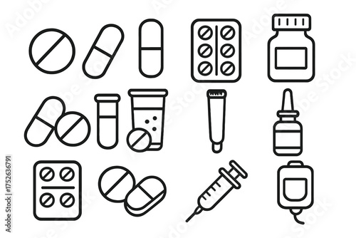 Medical and Treatment Outline Icons Bundle, Vector Cartoon Pills, Capsules, Syringe, Tablets, Medicine Bottles, Nasal Spray, IV Drip, Healthcare and Pharmacy Symbols for Design and Apps