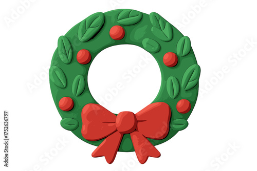 Christmas wreath in cute childish plasticine style. 3d clay render of festive holiday decoration with red bow and berries. Naive cartoon vector graphic element isolated.