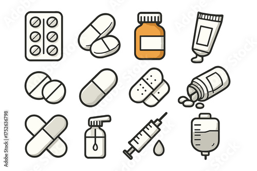 Medical and Treatment Outline Vector Icons Bundle. Collection of Cartoon Pills, Capsules, Syringes, Bandages, Medicine Bottles, and Ointment Tubes for Cards, Posts, Apps, Websites, Healthcare Design