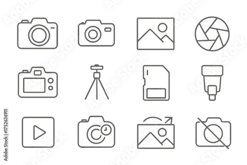 Pack of photo-related line icons with editable stroke for design, web, apps, and cards. Includes linear camera, tripod, aperture, flash, memory card, play button, and gallery vector illustrations.