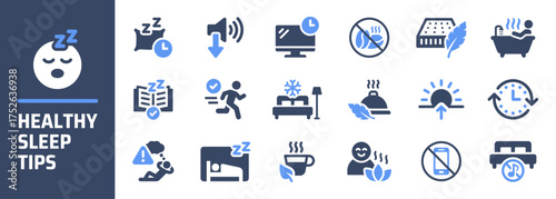 Minimalist Vector Icons Infographic: 18 Essential Rules for Healthy Sleep Hygiene and Fighting Chronic Insomnia