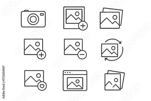 Thin Line Photo Icon Set with Editable Stroke for Banners, Social Media, Apps, and Cards, Vector Cartoon Illustration with Transparent Background, Image Gallery and Photo Management Icons