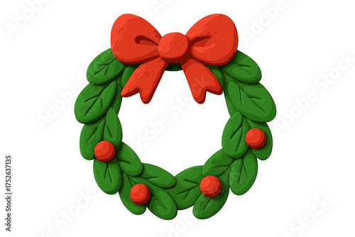Christmas wreath clay illustration with red bow and berries. Handmade plasticine style festive vector art. Green leaf holiday decoration. Winter ornament, Xmas design.