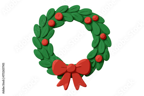 Christmas wreath with red bow and berries, handcrafted clay plasticine style, festive holiday decoration, green leaves and bright red ribbon, traditional Xmas ornament vector illustration