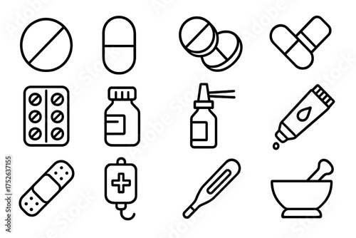Medical and Treatment Icon Collection with Pills, Capsules, Tablets, Medicine Bottles, Nasal Spray, Bandages, IV Drip, Thermometer, and Mortar Vector Cartoon Illustration for Health Design