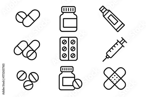 Simple linear icons of medical pills, capsules, syringes, ointment tubes, and medication bottles. Vector cartoon set of treatment and healthcare elements for cards, apps, websites, and posts design