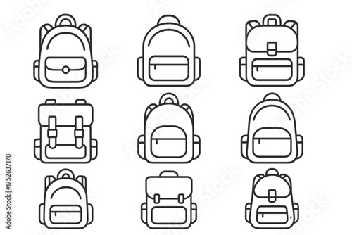Backpack line icon set. Schoolbag, rucksack outline symbol collection. Vector student baggage pictogram. Back to school concept. Travel, hike & camp trip gear. Editable stroke.
