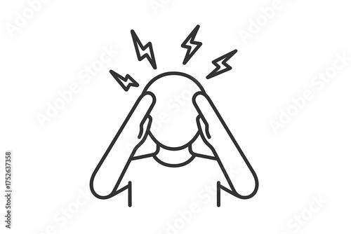 Headache and migraine icon. Mental tension, stress, and pressure concept. Person suffering from pain, anxiety, and cognitive overload. Burnout symbol line illustration.