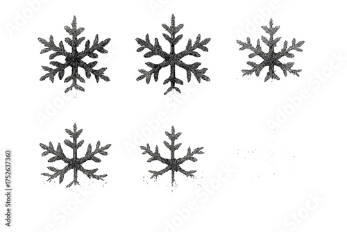 Halftone dotted fade degrade snowflakes. Winter melt concept. Minimal geometric texture. Vintage monochrome gradation print. Fading crystal icon set. Grunge dotwork vector.