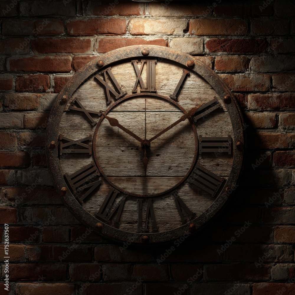 Fototapeta premium Rustic Roman Numeral Clock on Weathered Brick Wall.