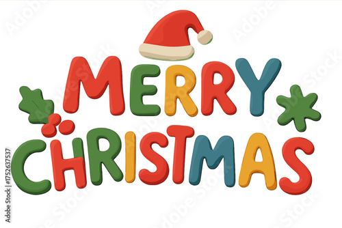 Merry Christmas cute 3D clay lettering. Holly Jolly winter holiday quote in naive childish cartoon style. Plasticine font for festive design isolated on transparent background.