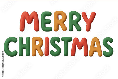Merry Christmas clay lettering element in a naive childish style. Winter holiday quote design. 3D plasticine text effect. Fun cartoon vector alphabet for kids celebration card.