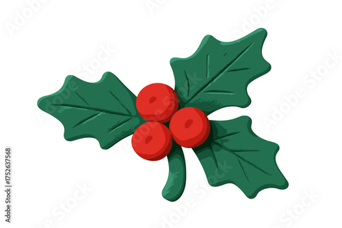 Holly branch Christmas clay element in naive childish style. Isolated plasticine decoration. Vector cartoon illustration for winter holiday design. Cute 3D modeling icon.
