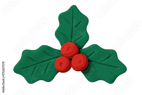 Christmas holly branch with red berries. 3D clay plasticine icon for festive winter holiday design. Cute cartoon vector illustration. Isolated decorative element for kids.