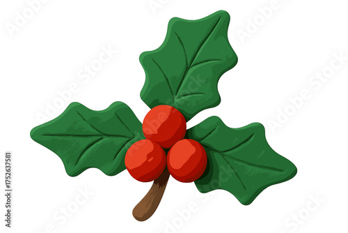 Holly branch Christmas clay 3d icon. Cute plasticine winter plant with red berries. Festive holiday decoration element. Cartoon vector illustration for Xmas design isolated.