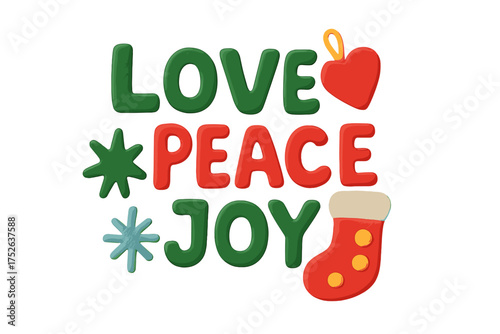Love Peace Joy Christmas clay lettering quote. Holiday message in naive childish 3D plasticine style. Festive vector cartoon element with heart and stocking for winter greeting card.