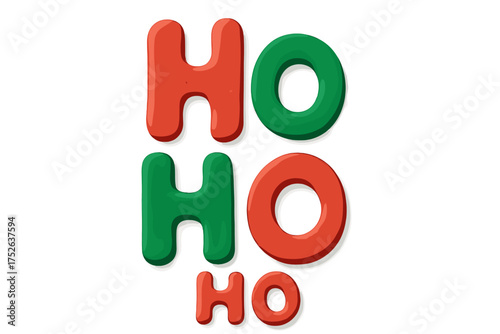 Ho Ho Ho Christmas lettering. 3D clay text effect. Festive winter holiday quote. Playful childish style typography. Red green plasticine font. Isolated vector cartoon element.