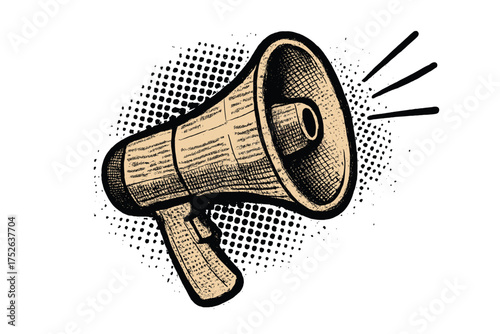 Modern halftone collage megaphone for news and sales. Retro newspaper bullhorn for announcing promotions. Comic dotted style loudspeaker illustration for marketing and advertising.