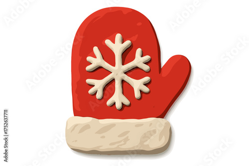Red Christmas mitten with snowflake. Clay plasticine winter glove. Handmade childish style toy for holiday decoration. Cute 3D cartoon vector illustration isolated on white.