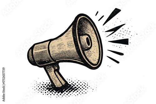 Megaphone vector announcement concept. Halftone comic style bullhorn icon. Retro loudspeaker for news, sales, marketing. Communication, attention and protest symbol.